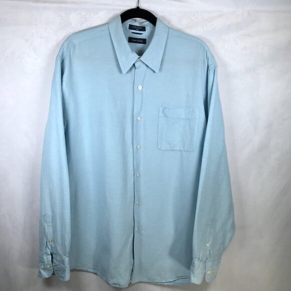 Nautica Button Dress Shirt Mens XXL Blue Linen Rayon Blend Long Sleeve Pocket - Picture 1 of 13